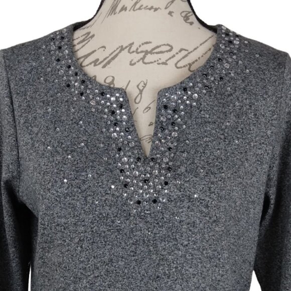 Rafaella | Heathered Gray Rhinestone V-neck Top Tunic | Size M - Picture 2 of 5